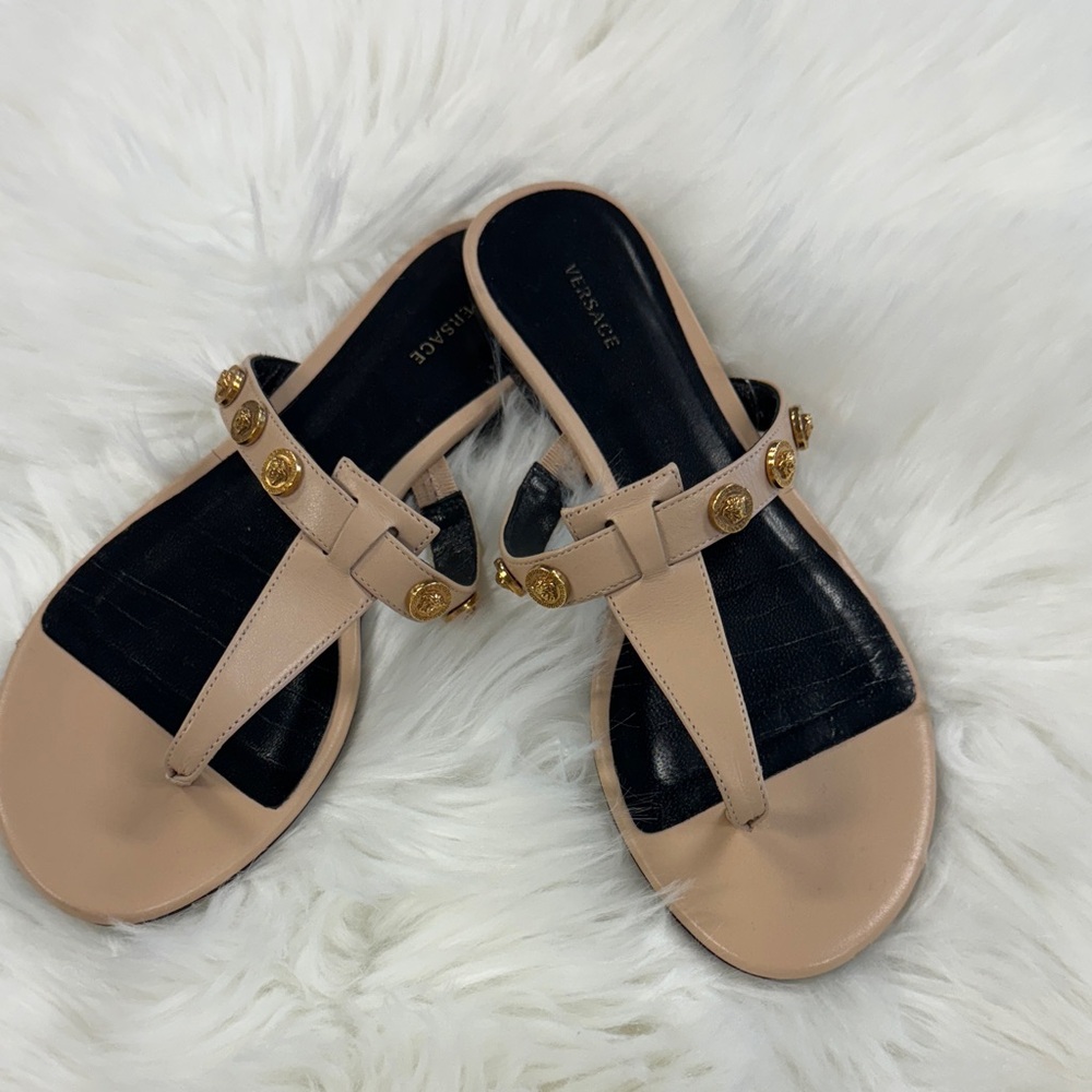 Versace Women's Tan Sandals with Gold Accents